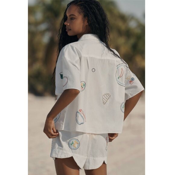 Anthropologie Celandine picnic Embroidered Poplin Short Sleeve Buttondown Shirt - Picture 2 of 12